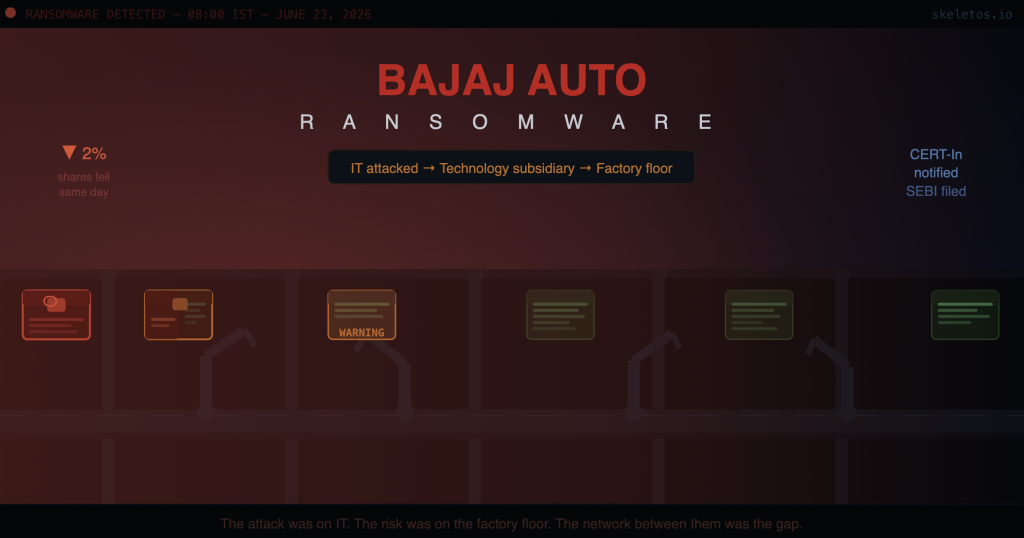 Bajaj Auto ransomware attack June 23 2026 editorial cover showing factory floor screens turning red as ransomware spreads from IT systems through BATL technology subsidiary toward production operations, representing the IT/OT security gap in Indian manufacturing.