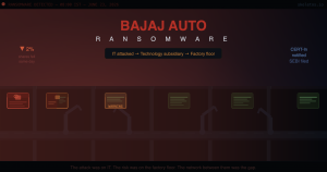 Bajaj Auto ransomware attack June 23 2026 editorial cover showing factory floor screens turning red as ransomware spreads from IT systems through BATL technology subsidiary toward production operations, representing the IT/OT security gap in Indian manufacturing.