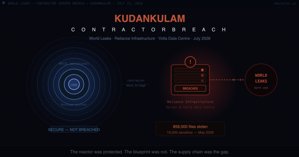 Kudankulam nuclear power Reactor plant contractor data breach July 2026 — editorial diagram showing protected nuclear security perimeter connected to breached Reliance Infrastructure server at Yotta data centre, with data flowing to World Leaks dark web ransomware group.