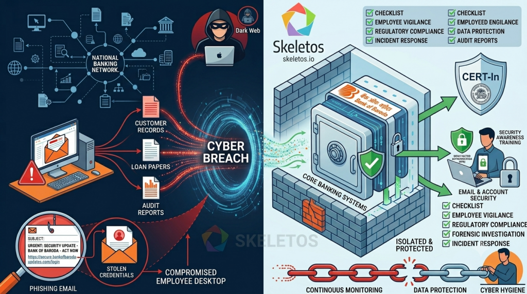 Bank of Baroda data breach July 2026 — infographic showing how phishing email led to compromised employee desktop and stolen credentials causing cyber breach of customer records, loan papers and audit reports, alongside Skeletos solution showing core banking isolation, CERT-In reporting, email security, employee vigilance and continuous monitoring for Indian banks.