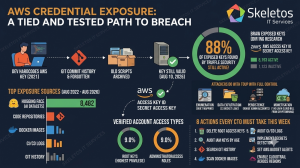 AWS credential exposure infographic by Skeletos IT Services showing how a developer hardcoding an AWS key in 2021 leads through Git commit history to archived scripts and a key still valid in August 2026, with 88 percent of exposed keys found by Truffle Security still active, Hugging Face as the largest source with 8482 leaked credentials, top exposure sources including code repositories, Docker images, CI CD logs and Git history, verified account access types including root keys and AdministratorAccess roles, attacker actions including enumeration data exfiltration persistence and cryptomining, and eight actions every CTO must take this week to secure AWS credentials.