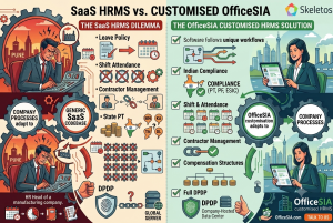 SaaS HRMS versus OfficeSIA customised HRMS comparison infographic by Skeletos IT Services showing the SaaS HRMS dilemma on the left where company processes adapt to generic SaaS codebase causing problems with leave policy, shift attendance, contractor management, state professional tax across Maharashtra Karnataka Tamil Nadu Delhi, and DPDP risk with employee data on global servers, versus the OfficeSIA customised HRMS solution on the right where software follows unique workflows with full Indian compliance including PT PF ESIC, shift and attendance management, contractor management, compensation structures, and full DPDP compliance through company-hosted data center, illustrating why Indian manufacturing companies should choose a customised HRMS over SaaS platforms.