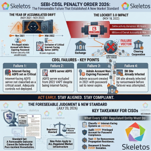 SEBI CDSL penalty order July 2026 infographic by Skeletos IT Services showing one year of accumulated drift from November 2021 to November 2022, four cybersecurity failures including ADFS server not classified as critical, VAPT exclusion, admin account non-expiring password and DR site already infected by LockBit 3.0 ransomware, resulting in 46-hour settlement disruption and Rs 1 crore SEBI penalty with foreseeable outcome judgment establishing new standard for all SEBI-regulated market infrastructure entities.