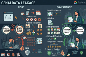 GenAI data leakage risks and governance infographic by Skeletos IT Services showing employee risks on the left including source code exposure, DPDP compliance breach and chip specification leakage when company processes feed sensitive data into generic AI tools, and the governance framework on the right covering five steps including data classification, AI acceptable use policy, enterprise AI tools, network monitoring and security training, helping Indian companies prevent confidential data from reaching external AI platforms like ChatGPT and Claude.