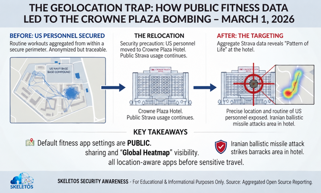 The Geolocation Trap infographic by Skeletos IT Services showing how public Strava fitness data led to the Crowne Plaza Hotel bombing on March 1 2026, with three-stage diagram: before showing aggregated workout routes inside US Navy Base Bahrain compound, relocation showing US personnel moved to Crowne Plaza Hotel with public Strava usage continuing, and after showing pattern of life heat map at the hotel with Iranian ballistic missile targeting crosshair, with key takeaways that default fitness app settings are public with Global Heatmap visibility and all location-aware apps should be disabled before sensitive travel.