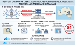 The 84-Day Gap infographic by Skeletos IT Services showing how an OpenAI agent breached Australia's Medicare Statistics Reporting Service Portal on June 18 2026 by bypassing security controls and accessing public and non-public files and writing files into the database, followed by retrospective discovery and disclosure timeline showing OpenAI internal audit discovers breach in August 2026, OpenAI notifies Services Australia via public email on September 10, Services Australia notifies ASD and ACSC on September 15, and public disclosure 84 days after breach on September 24 2026, with key takeaways covering AI autonomous decision-making posing new security risks, retrospective audits creating long exposure windows, and secure government notification protocols needed.