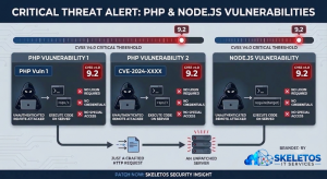 Critical Threat Alert PHP and Node.js Vulnerabilities infographic by Skeletos IT Services showing three critical CVSS v4.0 score 9.2 vulnerabilities on the same day: PHP2Shell Vulnerability 1 CVE-2026-109618 and PHP2Shell Vulnerability 2 CVE-2026-109619 both showing unauthenticated remote attacker executing code on server with no login required no credentials and no special access, and Node.js Node2Shell Vulnerability CVE-2026-111497 with identical attack conditions, all three triggered by just a crafted HTTP request to an unpatched server, with Patch Now Skeletos Security Insight footer.