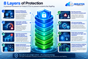8 Layers of Protection infographic by Skeletos IT Services showing practical security framework for fintech CTOs to prevent incidents like RapiPay, with eight numbered layers displayed around a central blue-to-green shield stack: Layer 1 device binding and hardware attestation to ensure only trusted devices access the platform, Layer 2 transaction velocity limits with automated suspension to detect unusual frequency, Layer 3 real-time transaction value monitoring with cumulative limits, Layer 4 session behavioural baseline and anomaly scoring using AI and ML, Layer 5 real-time operations alert and human escalation path for instant suspicious activity notifications, Layer 6 API-level rate limiting and request authentication, Layer 7 multi-factor transaction authentication for high-value operations including OTP biometrics and device verification, and Layer 8 network-level device monitoring for devices connecting to platform infrastructure, with closing statement that security is not a single control but a layered strategy.
