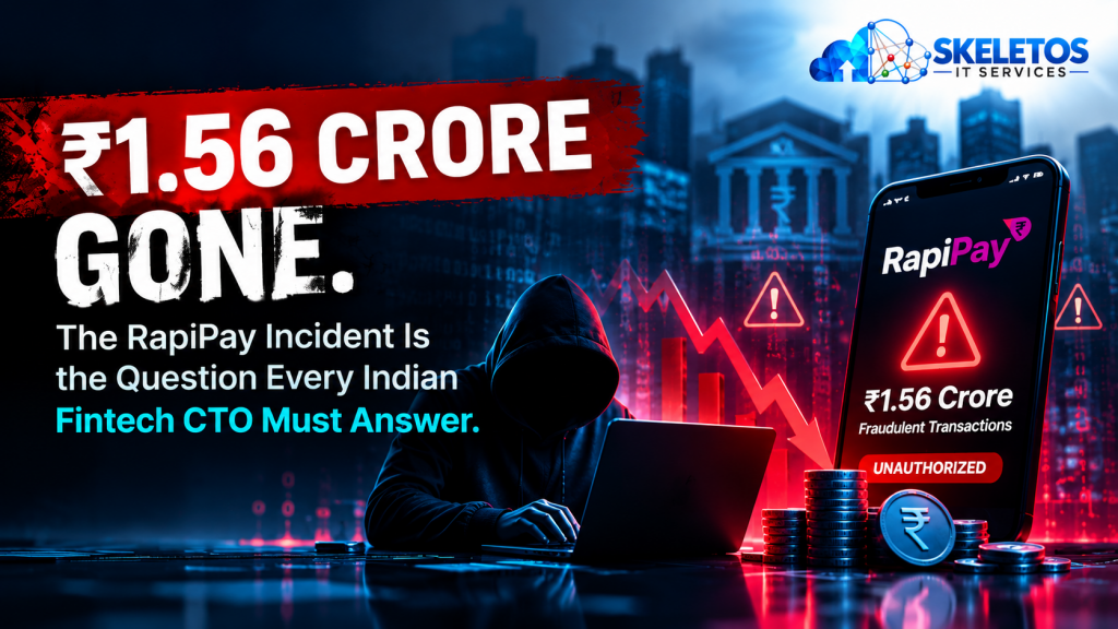 RapiPay fintech cybercrime blog cover by Skeletos IT Services showing Rs 1.56 Crore Gone headline with hooded attacker at laptop, red downward trending chart, and RapiPay mobile app displaying Rs 1.56 Crore Fraudulent Transactions with Unauthorized alert badge and rupee coins, representing the October 2026 cybercrime case where 43 fraudulent transactions were completed in 23 minutes through a compromised field agent mobile application with FIR registered at Noida Cyber Crime Police Station.