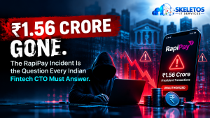 RapiPay fintech cybercrime blog cover by Skeletos IT Services showing Rs 1.56 Crore Gone headline with hooded attacker at laptop, red downward trending chart, and RapiPay mobile app displaying Rs 1.56 Crore Fraudulent Transactions with Unauthorized alert badge and rupee coins, representing the October 2026 cybercrime case where 43 fraudulent transactions were completed in 23 minutes through a compromised field agent mobile application with FIR registered at Noida Cyber Crime Police Station.
